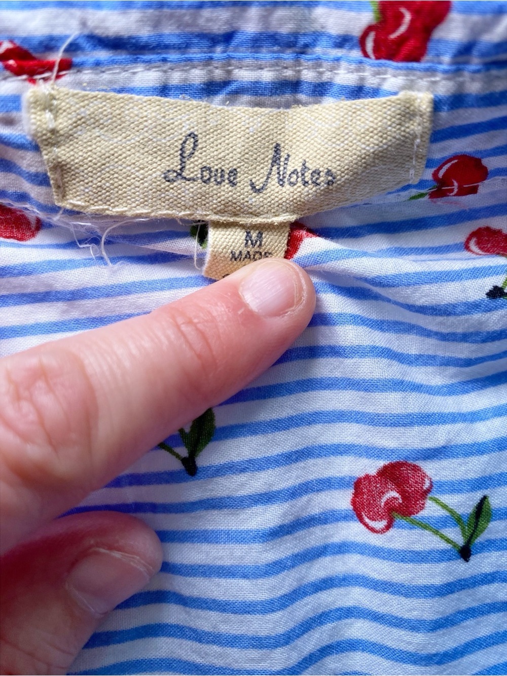 Love Notes Blue White Striped Cherry Print Button-Down Shirt Size M - Picture 9 of 15